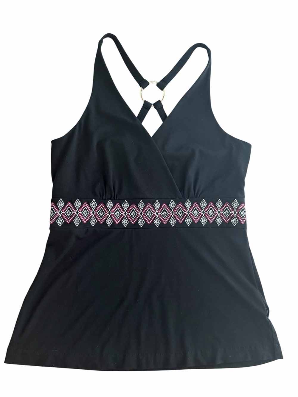 White House Black Market Black Tank Top Embroidered Waistband Ring Back Small